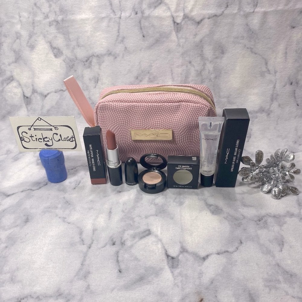MAC Beauty Velvet Gift Set-Pink Pouch, Lipstick, Eyeshadow, Lip Gloss-4pc-NEW